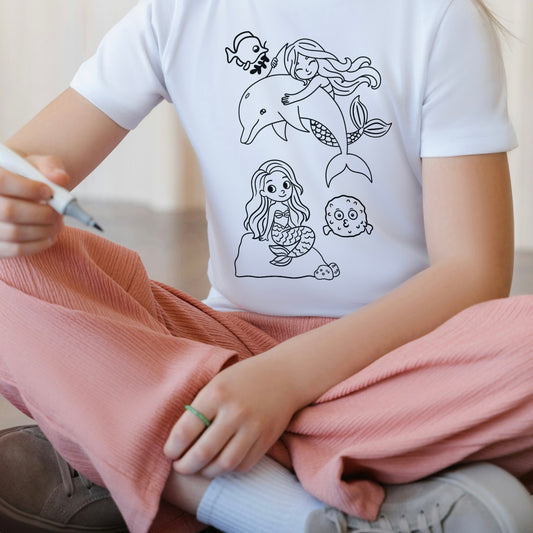 T-Shirt om zelf in te kleuren - Zeemeerminnen dolfijn